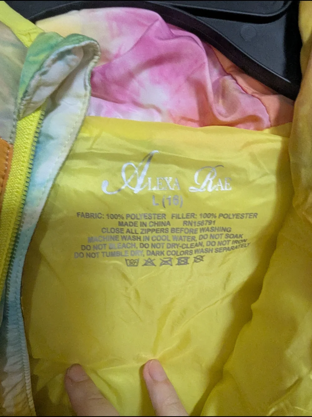 Alexa Rae Youth Puffer Jacket Sz 16 Large Tie Dye Pastel Rainbow Hooded K-386